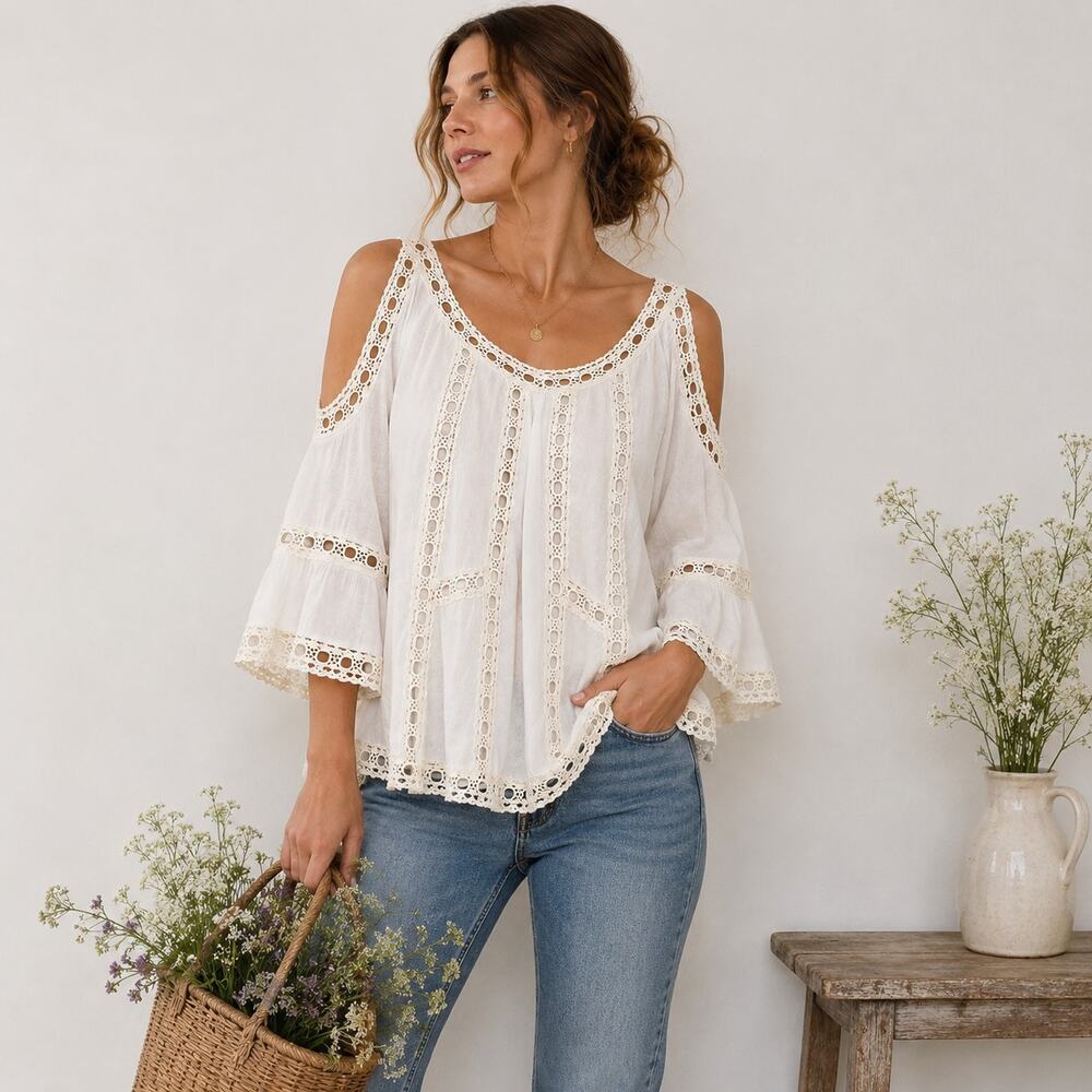 Mur Mur Linen Blend Ivory Cold Shoulder Blouse Women’s Large Boho Cottagecore